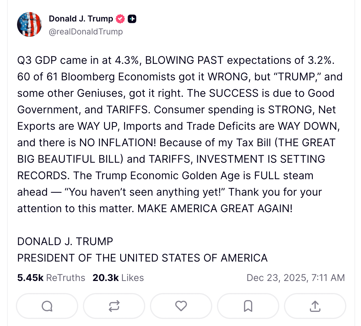 Screenshot of President Donald J. Trump’s December 23, 2025 Truth Social post about third-quarter GDP